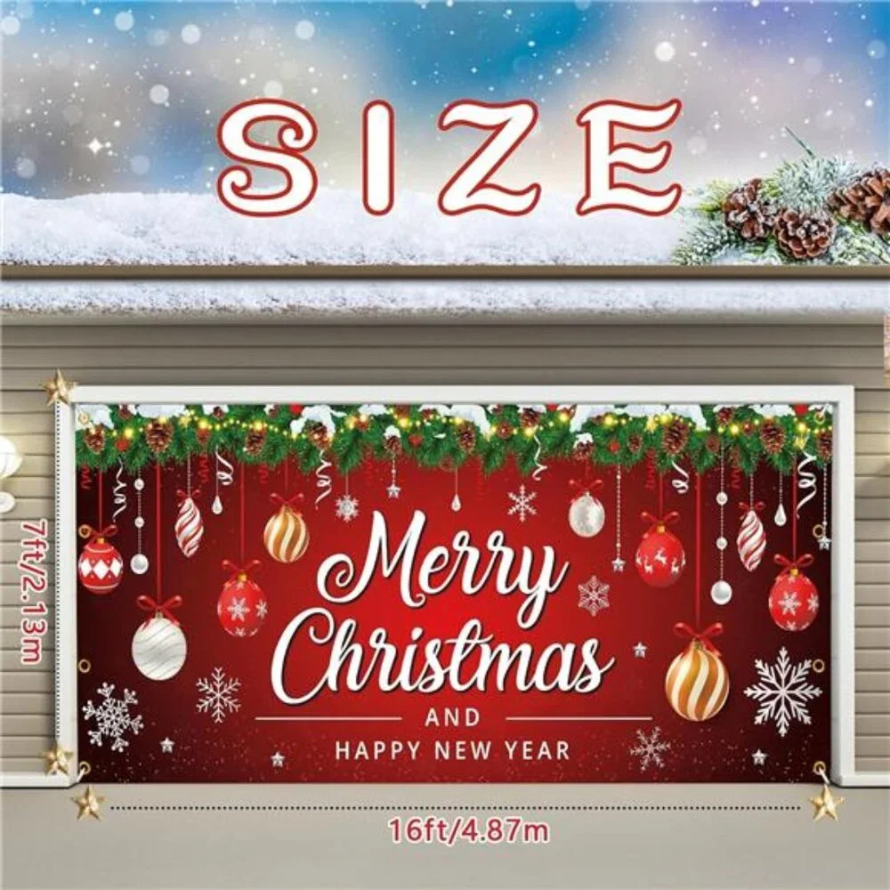 7x16ft Christmas Garage Door Cover with LED String Lights 2025 Large Garage